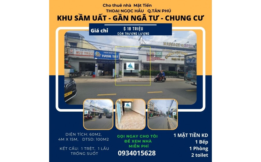 Cho thuê nhà mặt tiền Thoại Ngọc Hầu 60m2, 1 Lầu, 18Triệu - gần Ngã Tư